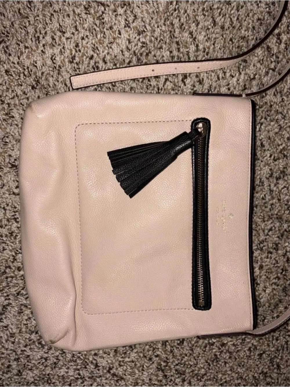 kate spade blush pink pebbled leather crossbody with black tassel